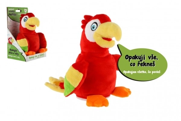 Papuga Jaroušek powtarzający zdania pluszowy 16cm na baterie z dźwiękiem w pudełku 12x20x10cm w torebce