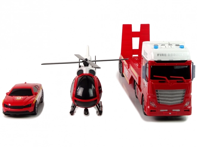 Zestaw Strażacki Ciężarówka Wóz Strażacki Helikopter Światła Dźwiękowe Czerwony