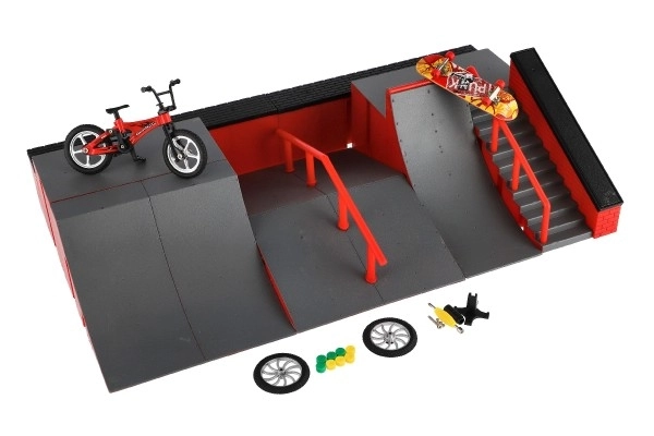 Skatepark - rampy, rowerek na palce, plastikowa deskorolka na palce z akcesoriami, 2 kolory w pudełku 43x25x12cm