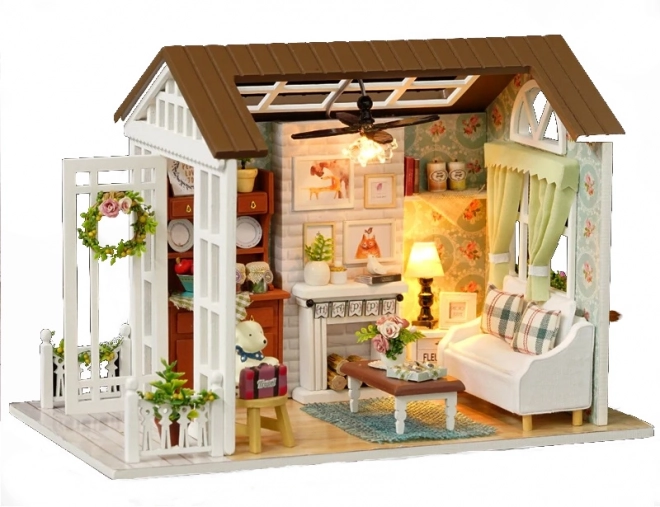 Drewniany domek dla lalek - model salonu z LED