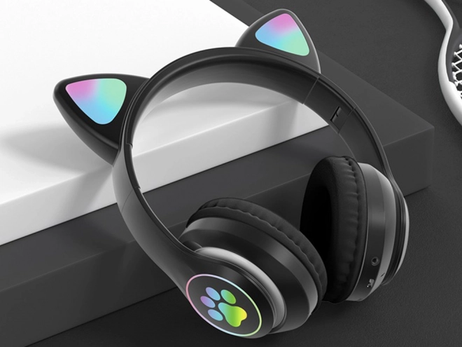 Bezprzewodowe słuchawki bluetooth radio fm mp3 kocie uszy led oświetlenie – czarne