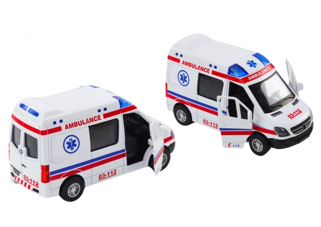 zabawka ambulans z otwieranymi drzwiami, światłami i dźwiękami 1:32 biała