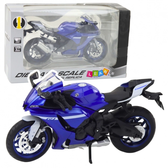 Metalowy sportowy motocykl niebieski R1 1:12