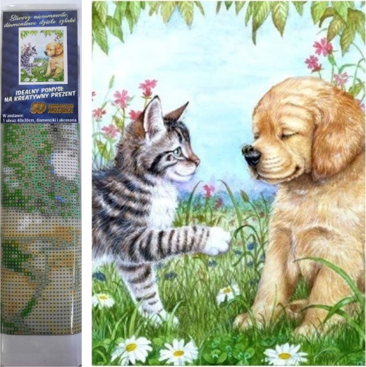Malowanie diamentowe Szczenię i kocię 30 × 40 cm