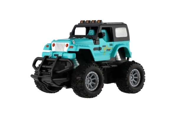 Auto RC terenowe 14cm plastik 27MHz na baterie ze światłem w pudełku 20x11x10cm – Turkusowe