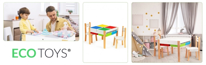 ECOTOYS Drewniany stół dziecięcy z płyta do gry i dwoma krzesłami