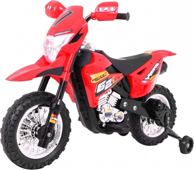 Dziecięcy elektryczny motocykl cross 6V – czerwony ze stabilizującymi kółkami i światłami LED