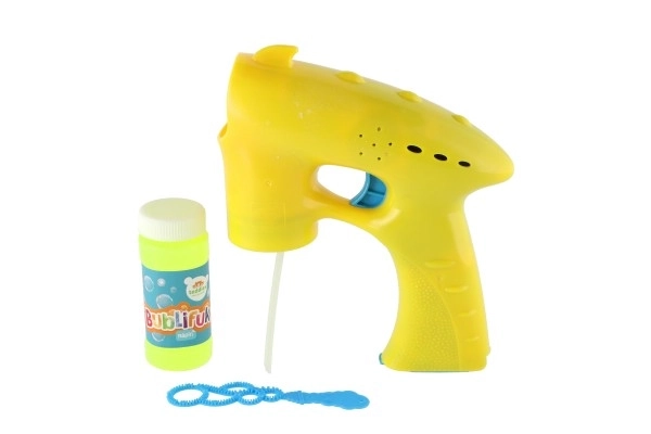 Pistolet do baniek mydlanych żółty plastik 13cm + 1 wkład na baterie na karcie