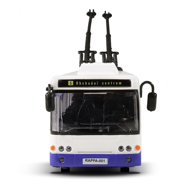 Trolejbus, który ogłasza przystanki po czesku 28 cm niebieski