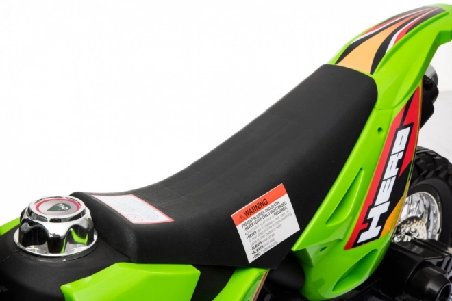 Dziecięcy elektryczny motocykl cross na akumulator – zielony, z kółkami pomocniczymi i światłami LED