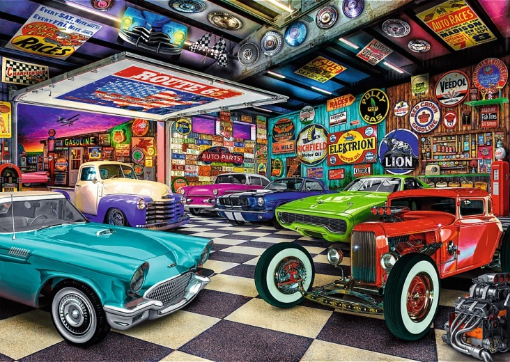 Trefl Puzzle Premium Plus Tea Time: garaż kolekcjonera aut 1000 elementów