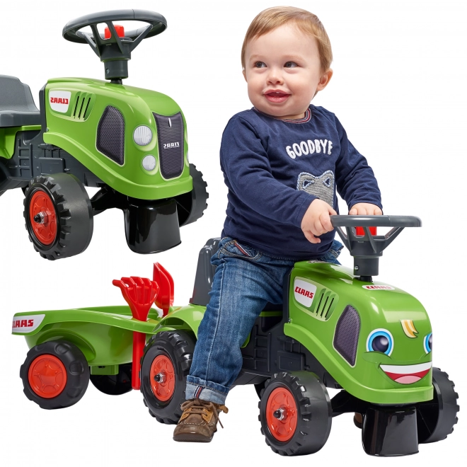 Jeździk traktor Claas zielony z kierownicą i przyczepą