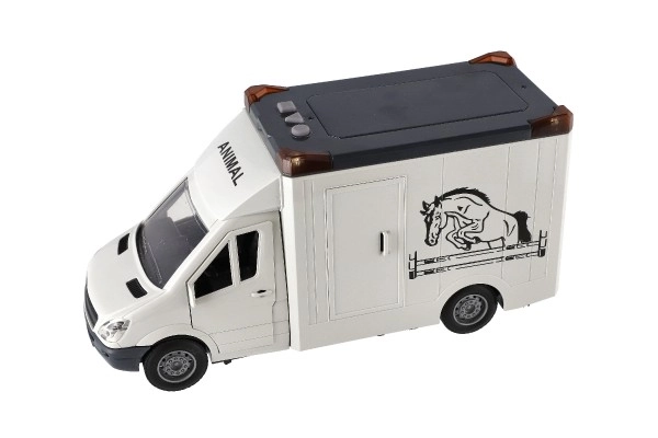 Auto do przewozu zwierząt plastikowy 28cm z koniem na mechanizm sprężynowy z światłem i dźwiękiem szare w pudełku 39x18cm