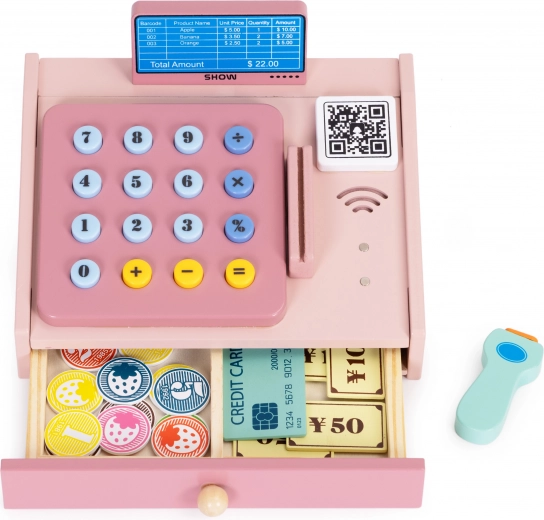 Otwierana szuflada i drewniane pieniądze