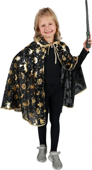 Dziecięca peleryna czarodzieja na Halloween, czarna ze złotymi motywami