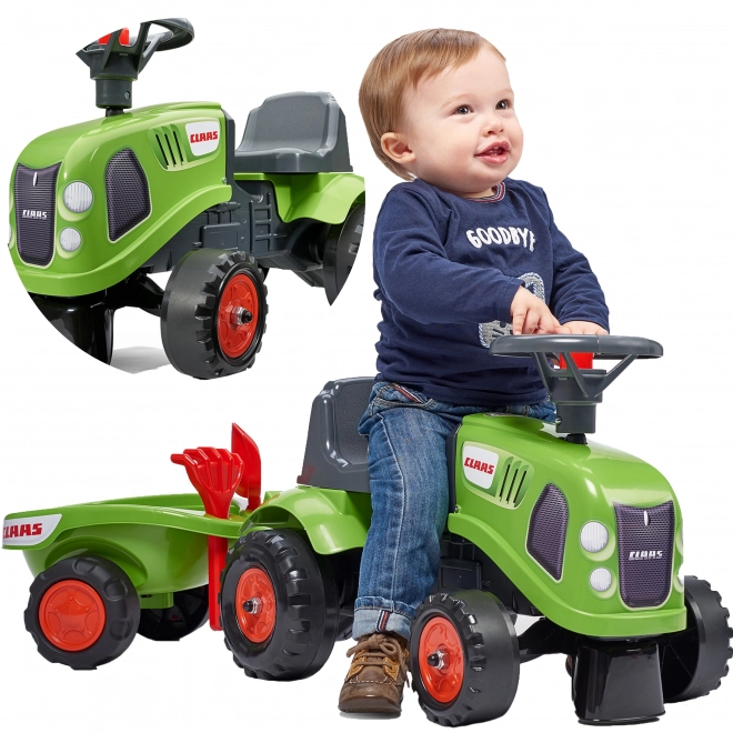 Jeździk traktor Claas zielony z kierownicą i przyczepą