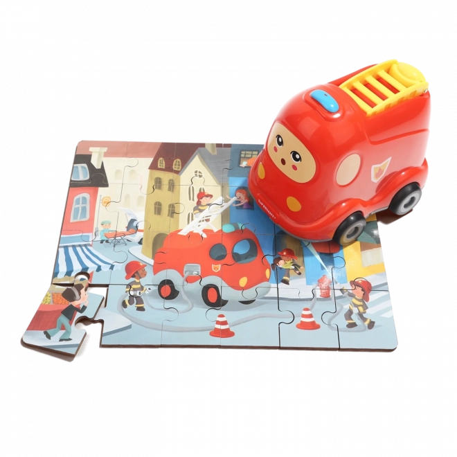 TOP BRIGHT Drewniane puzzle z zabawką: Wóz strażacki 24 elementów