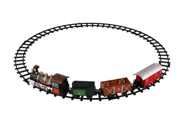 Pociąg + 3 wagony z torami 8 sztuk na baterie z dźwiękiem i światłem w pudełku 41x28x6cm