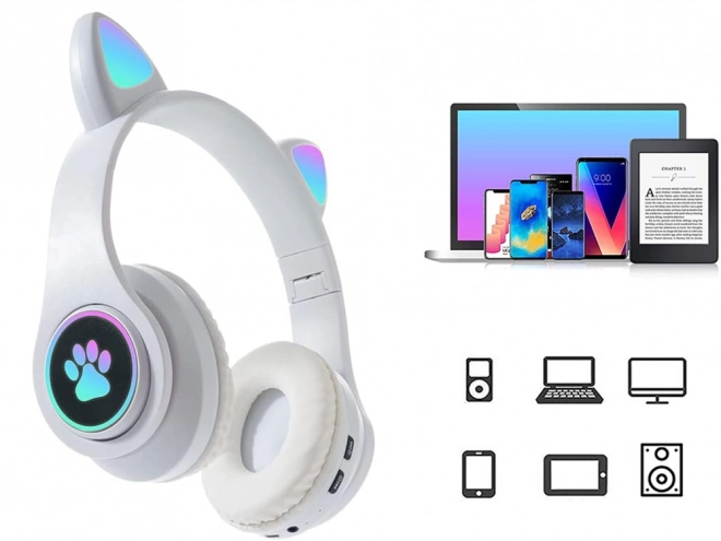 Bezprzewodowe słuchawki bluetooth radio fm mp3 kocie uszy led oświetlenie – Białe