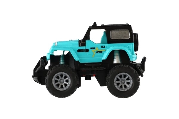 Auto RC terenowe 14cm plastik 27MHz na baterie ze światłem w pudełku 20x11x10cm – Turkusowe