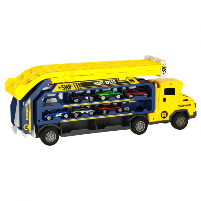 Żółty tor wyścigowy z transporterem - 6 części