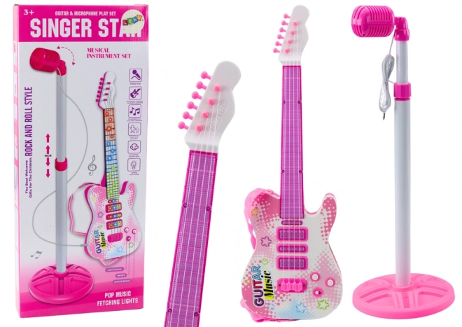Różowa dziecięca elektryczna gitara ze stojakiem i mikrofonem
