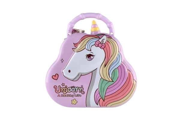 Skarbonka torebka jednorożec metalowa z zamkiem 15x14cm 3 kolory w plastikowym pudełku