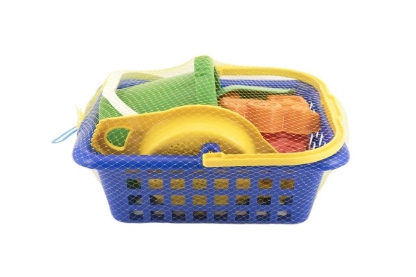 Zestaw koszykowy - 2 foremki piaskowe łopatka grabki sitko wiaderko koszyk na zakupy plastikowy 12m+
