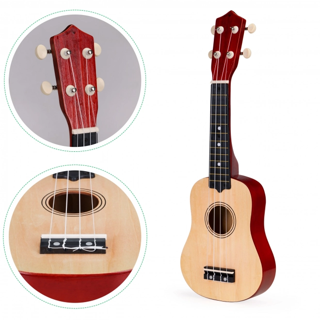Drewniane ukulele dla dzieci z 4 nylonowymi strunami, brązowe ECOTOYS