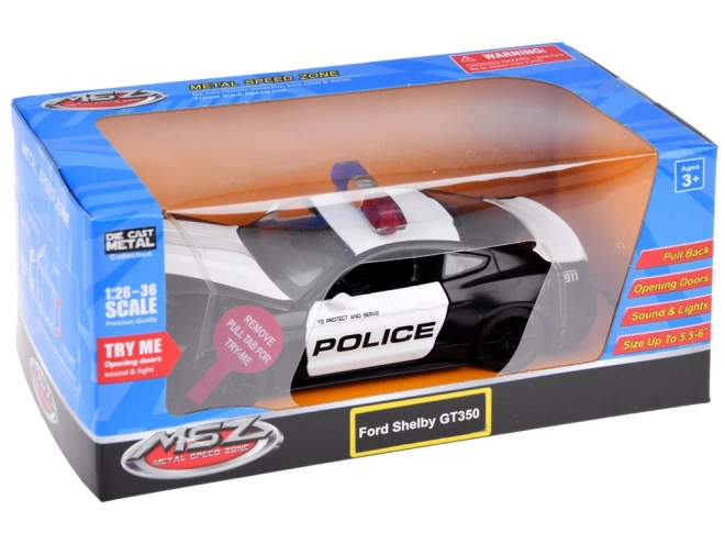 Metalowe policyjne auto Ford Shelby GT350 w skali 1:32 z efektami świetlnymi sygnałów