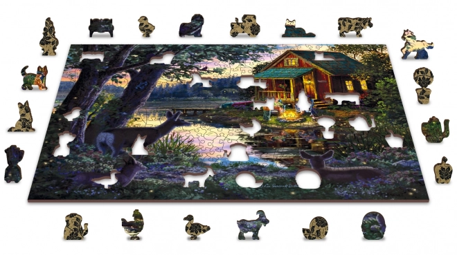 Drewniane Puzzle Wooden City Wieczór w domu nad jeziorem 2w1, 505 elementów EKO