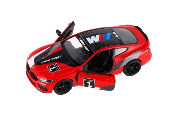 Samochód Kinsmart BMW M8 Competition Coupé 1:38 metal/plast 12,5cm 4 kolory na napęd wsteczny 12 sztuk w pudełku