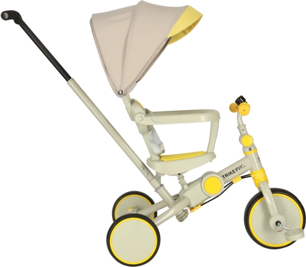 Dziecięcy trójkołowiec TRIKE FIX V4 6w1 z prowadzącą rączką i daszkiem – żółto‑szary