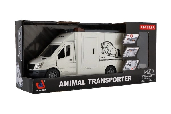 Auto do przewozu zwierząt plastikowy 28cm z koniem na mechanizm sprężynowy z światłem i dźwiękiem szare w pudełku 39x18cm