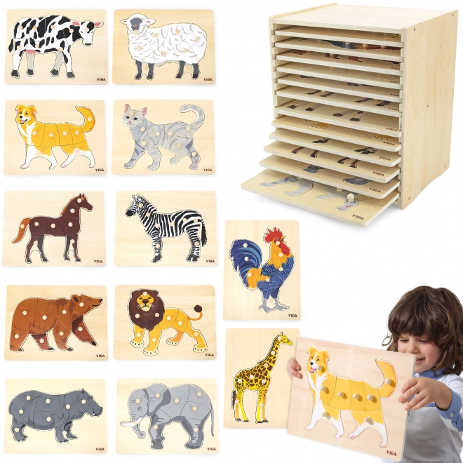 Zestaw drewnianych puzzli 12 zwierzątek Montessori z stojakiem Viga