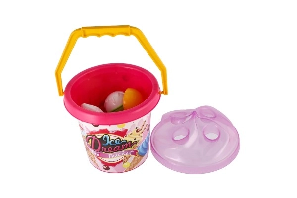 Zestaw do piasku plastikowy wiaderko + foremki lody 2 kolory w siatce 18x28x17cm 12m+