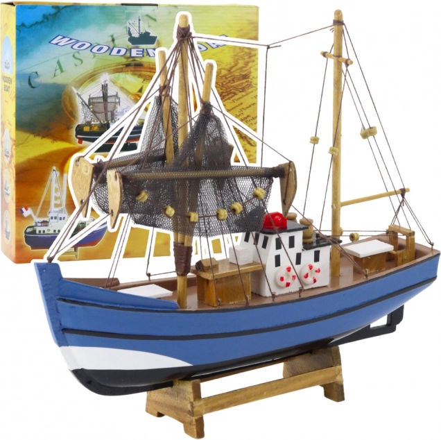 Model dekoracyjnej łodzi rybackiej, niebieski 30x26 cm