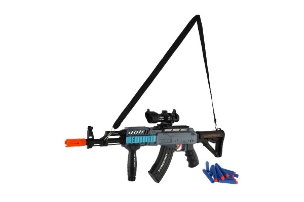 Karabin na piankowe naboje + naboje 12 szt. plastik 60cm na baterie ze światłem, dźwiękiem w pudełku 65x27x6cm
