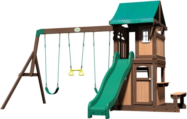 drewniany plac zabaw BACKYARD DISCOVERY Lakewood ze zjeżdżalnią, huśtawkami i domkiem