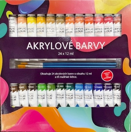Farby akrylowe 24x12ml z pędzlami 3 szt. również na ceramikę, szkło, kamienie w pudełku 22x22x2cm