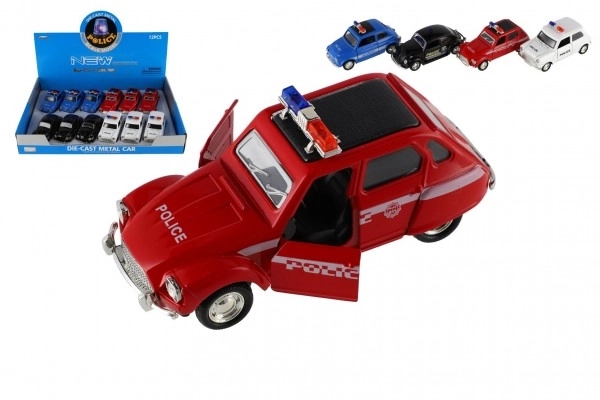 Auto policyjne retro 11cm metal/plastik na napęd wsteczny na baterie ze światłem 4 rodzaje