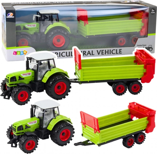 Traktor z przyczepą na napęd cierny, otwierana maska i drzwi, zielony