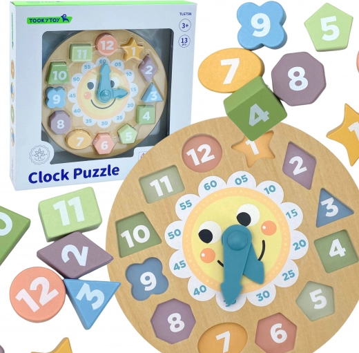 Tooky Toy drewniany zegar edukacyjny z 12 kształtami i liczbami