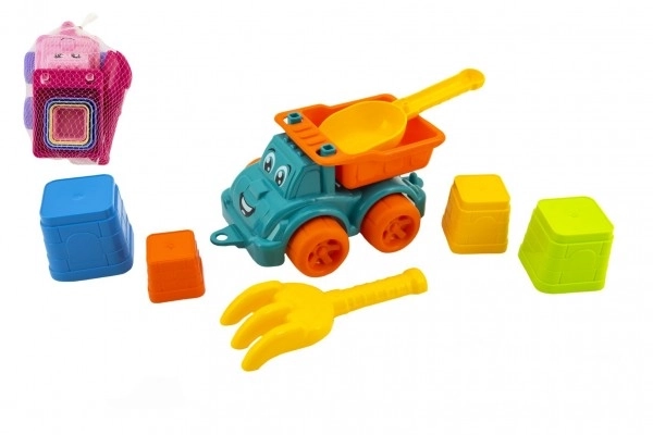 Zestaw do piasku 6 sztuk plastikowy samochód na wolnym biegu z dodatkami 2 kolory w siatce 16x13x21cm 12m+