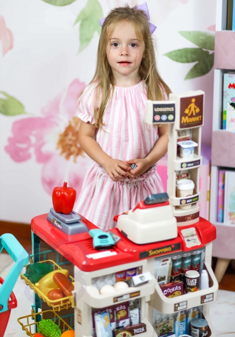 Supermarket z wózkiem zakupowym i skanerem