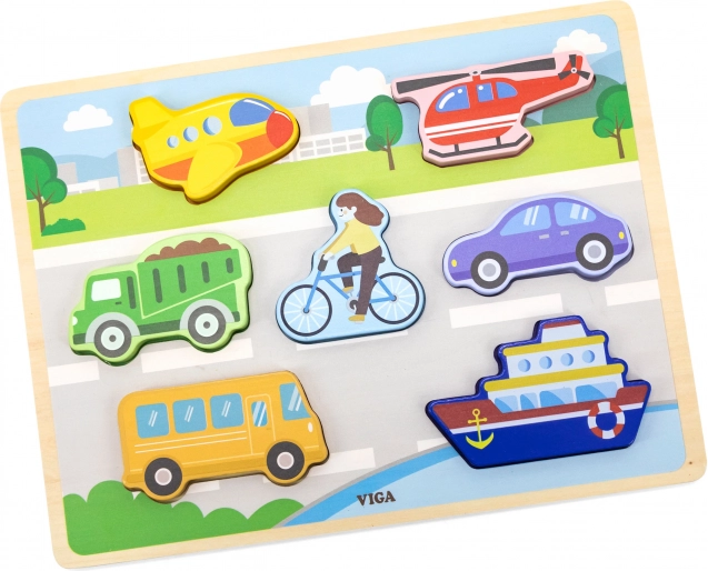 VIGA Drewniane puzzle Montessori 2w1 Pojazdy