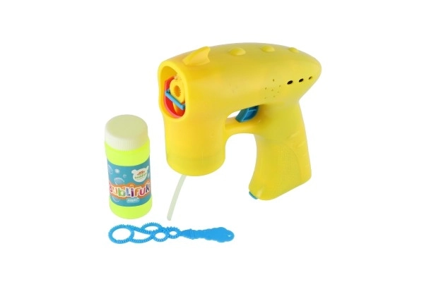 Pistolet do baniek mydlanych żółty plastik 13cm + 1 wkład na baterie na karcie