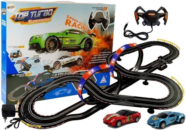 Tor wyścigowy 1:43 z 2 autkami Top Turbo ze światłami, długość 7,6 m