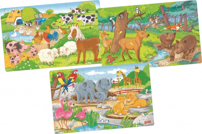 Drewniane puzzle zwierzęta 3×24 elementy GOKI