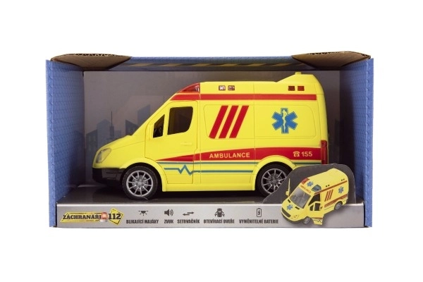 Karetka plastikowa 20cm na napęd kinetyczny na baterie z dźwiękiem i światłem w pudełku 26x15x12cm